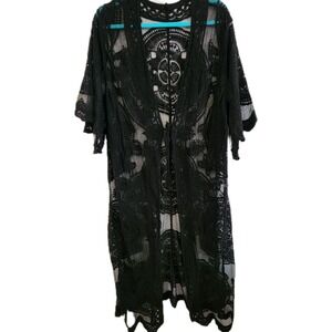 Black Lace Cardigan Mesh Open Front Witchy Whimsigoth Dark Fairy Beach Coverup M